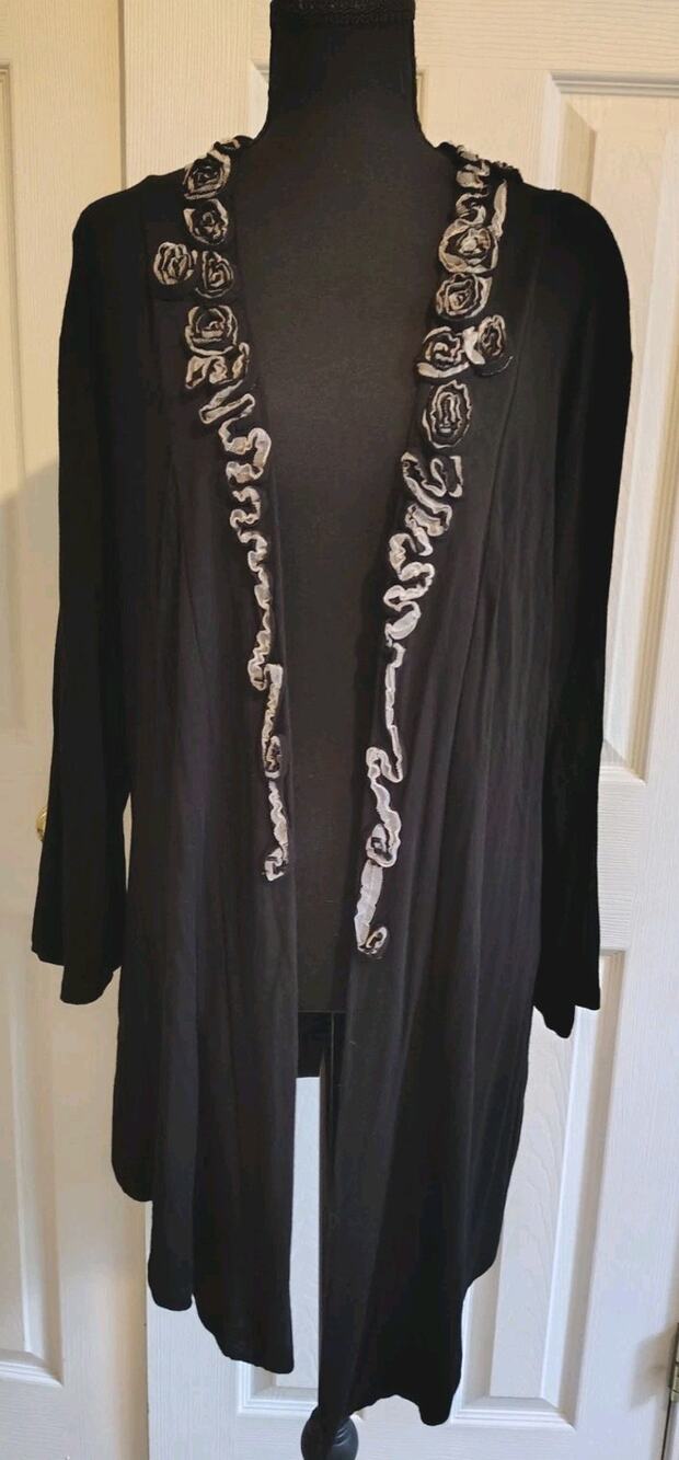 Requirements Women's XL Black Rosette Ruffle Trim Open Front Duster Cardigan